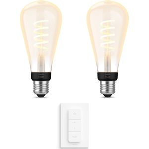Philips Hue Uitbreidingspakket White Ambiance E27 - 2 Hue Lampen en Dimmer Switch - Warm tot Koelwit Licht - Filament Edison Groot - Werkt met Alexa en Google Home