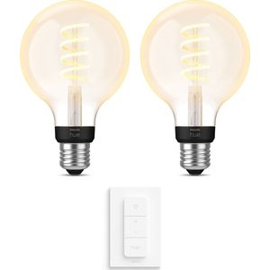 Philips Hue Uitbreidingspakket White Ambiance Filament Globe E27 Klein - 2 Hue Lampen en Dimmer Switch - Warm tot Koelwit Licht - Dimbaar