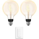 Philips Hue Uitbreidingspakket White Ambiance Filament Globe E27 Groot- 2 Hue Lampen en Dimmer Switch - Warm tot Koelwit Licht - Dimbaar