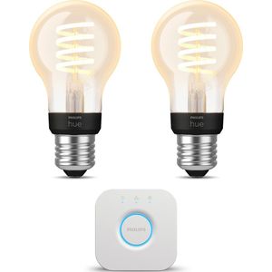 Philips Hue Starterspakket - E27 - met 2 Filament Standaard Lampen (A60) - Warm tot Koelwit Licht - Incl. 1 Hue Bridge - Hue White Ambiance Filament