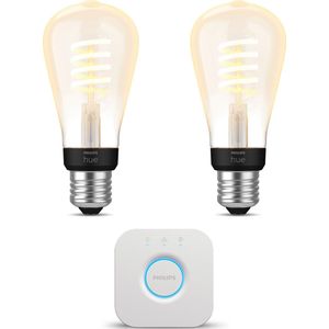 Philips Hue Starterspakket - E27 - met 2 Filament Edisonlampen Klein (ST64) - Warm tot Koelwit Licht - Incl. 1 Hue Bridge - Hue White Ambiance Filament