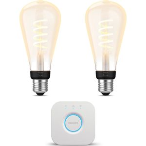 Philips Hue Starterspakket - E27 - met 2 Filament Edisonlampen Groot (ST72) - Warm tot Koelwit Licht - Incl. 1 Hue Bridge - Hue White Ambiance Filament