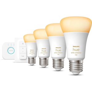 Philips Hue Starterspakket - E27 - met 4 Standaard Lampen - Warm tot Koelwit Licht - Incl. 1 Hue Bridge, 1 Hue Dimmer Switch - Hue White Ambiance