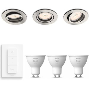 Philips Donegal Inbouwspots met Philips Hue White GU10 & Dimmer Switch - Warm Wit Licht - Dimbaar - Spotjes Inbouw - 3 stuks -Nikkel