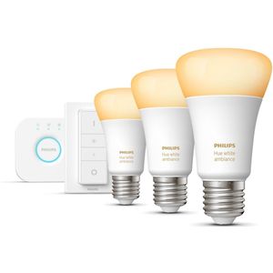 Philips Hue Starterspakket E27 Lichtbron met Bridge en Dimmer Switch - White Ambiance - 3 X 8,5W