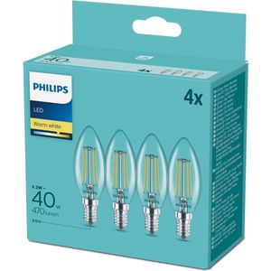 Philips LED Filament E14 - 4.3W (40W) - Warm Wit Licht - Niet Dimbaar - 4 stuks