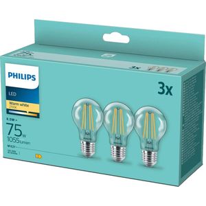 Philips LED Filament E27 - 8.5W (75W) - Warm Wit Licht - Niet Dimbaar - 3 stuks