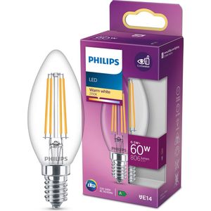 Philips LED-kaarslamp - Warmwit licht - E14 - 60 W - Transparant - Energiezuinige LED-verlichting -Filamentlamp