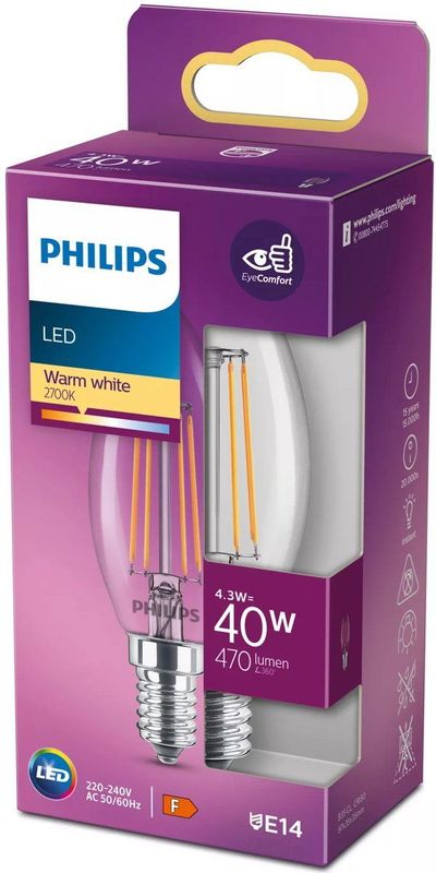 Philips - LED Kaarslamp - Warm Wit - 4,3W - Energiezuinig