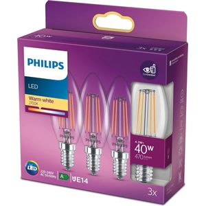 6x Philips LED lamp E14 | Kaars B35 | Filament | Helder | 2700K | 4.3W (40W)