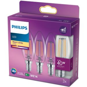Philips LED lamp E14 | Kaars B35 | Filament | 2700K | 4.3W (40W) 3 stuks