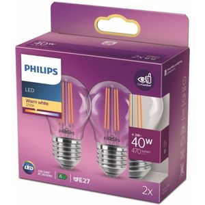 Philips LED lamp E27 | Kogel P45 | Filament | 2700K | Helder | 4.3W (40W) | 2 stuks