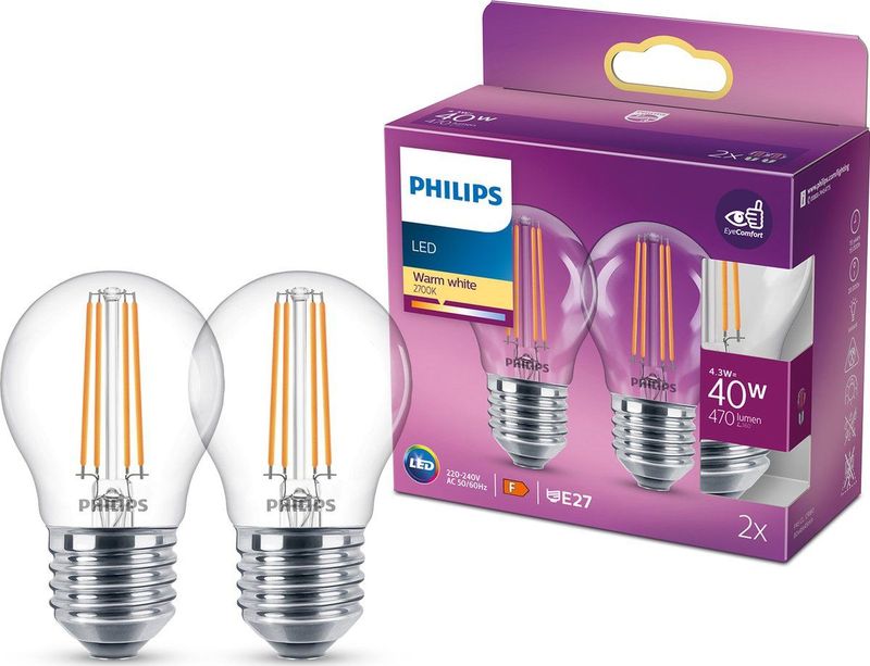 Philips - LED Lamp E27 - Kogel P45 - Filament - Helder - 4.3W - 2 Stuks