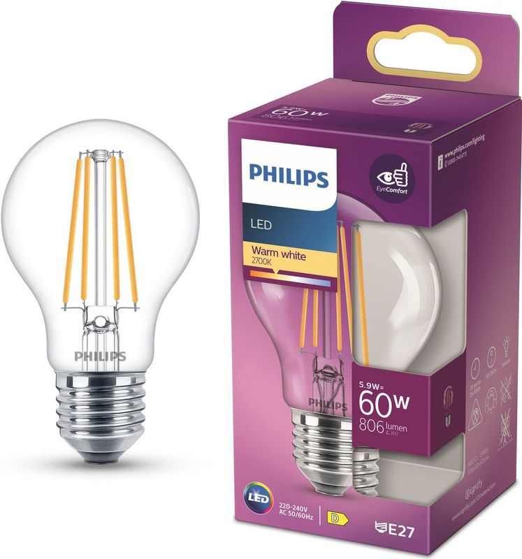 Philips - LED Lamp E27 - Peer A60 - Helder Glas - 7W - 2700K