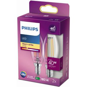 Philips LED-kaarslamp 2-pack - Warmwit licht - E14 - 40 W - Transparant - Energiezuinige LED-verlichting - Filamentlamp