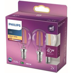 Philips LED-kogellamp 2-pack - Warmwit licht - E14 - 40 W - Transparant - Energiezuinige LED-verlichting - Filamentlamp