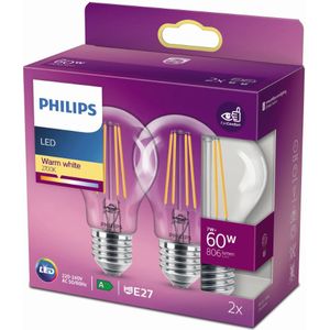 Philips LED-lamp 2-pack - Warmwit licht - E27 - 60 W - Mat - Energiezuinige LED-verlichting - Filamentlamp