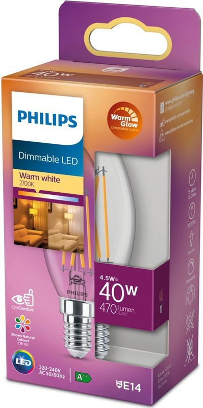 Philips - LED Kaars E14 - Dimbaar - Warm Wit - Glashelder Design