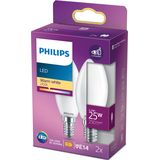 Philips LED-kaarslamp 2-pack - Warmwit licht - E14 - 25 W - Mat - Energiezuinige LED-verlichting