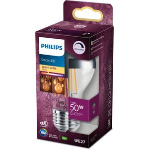 Philips LED-lamp - Warmwit licht - E27 - 50 W - Zilverkleurige kop - Dimbaar - Energiezuinig - Filamentlamp