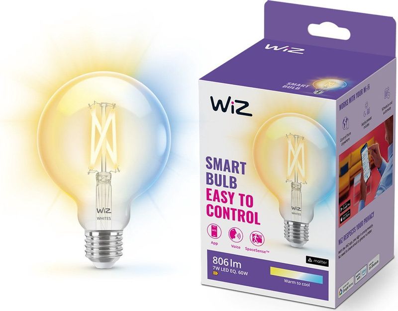 WiZ Globe Filament Slimme LED Verlichting - Warm- tot Koelwit Licht - E27 - 60W - 95 mm - Transparant - Wi-Fi
