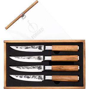 Olive - Forged - Steakmessen Set - 4 Stuks - Roestvrijstaal - Olijfhout