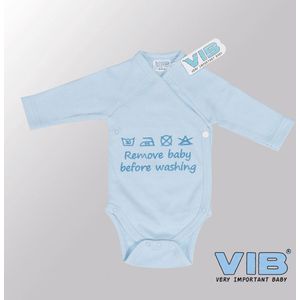 VIB® - Rompertje (overslag) Luxe Katoen - Remove Baby before washing (Blauw) - Babykleertjes - romper - rompertjes - rompertjes met tekst - baby cadeau - baby aankondiging - overslagromper