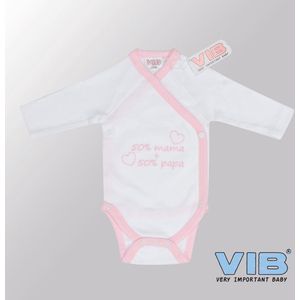 VIB® - Rompertje (overslag) Luxe Katoen - 50% Mama + 50% Papa (Wit-Roze) - Babykleertjes - romper - rompertjes - rompertjes met tekst - baby cadeau - baby aankondiging - overslagromper