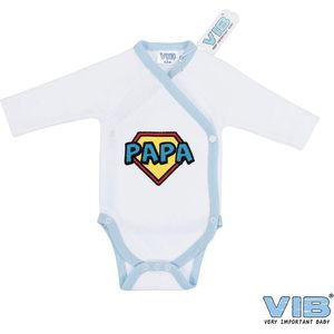 VIB® - Rompertje (overslag) Luxe Katoen - Superpapa (Wit-Lichtblauw) - Babykleertjes - romper - rompertjes - rompertjes met tekst - baby cadeau - baby aankondiging - overslagromper