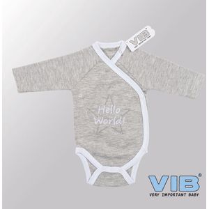 VIB® - Rompertje (overslag) Luxe Katoen - Hello World (Grijs) - Babykleertjes - romper - rompertjes - rompertjes met tekst - baby cadeau - baby aankondiging - overslagromper