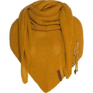 Knit Factory Coco Gebreide Omslagdoek - Driehoek Sjaal Dames - Dames sjaal - Wintersjaal - Stola - Wollen sjaal - Gele sjaal - Oker - 190x85 cm - Inclusief sierspeld