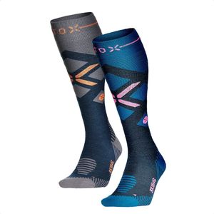 STOX Energy Socks Skisokken Dames - 2 Pack - Compressiekousen - Merino Wol Sokken Blauw, Roze, Oranje - Ski & Snowboard Compressie Sokken - Maat L: 40-43
