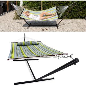 Vita5 Hangmat met Standaard en Spreidstok – 2 Persoons – Afneembaar kussen – Weerbestendig – Blauw/Groen