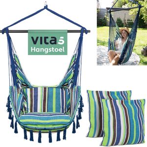 Vita5 XXL Hangstoel | Binnen&Buiten Hangnest | Incl. 2 Kussens en Boekenvak | Volwassenen&Kinderen | Hangmatstoel tot 200kg | Blauw/Groen/Wit