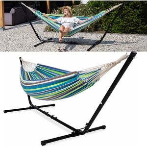 Hangmat met Standaard 2 Persoons / 205 kg - Frame lengteverstelbaar 290-330 cm - Oppervlakte mat 241 * 160 cm - Met draagtas (Blauw/Groen)