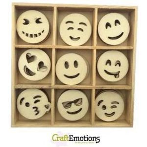 CraftEmotions Houten ornament - emoticons 45 assorti  - box 10.5x10.5cm