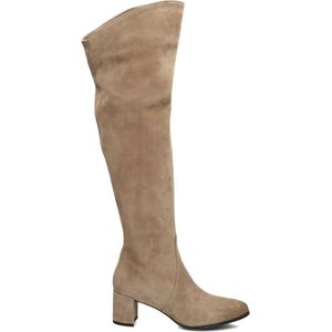 NOTRE-V - Model 8597 - Knielaarzen - Taupe - Suède - Ronde Neus - Blokhak 6 cm