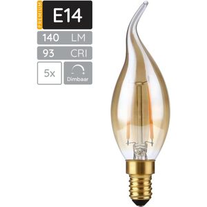 SPL - E14 LED Lamp - Goud - Dimbaar - 2W - Extra Warm Wit - 2200K - Vervangt 15W - 5 Stuks
