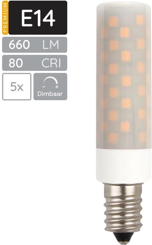SPL - E14 LED Lamp - Neutraal Wit - 6W Dimbaar - 660lm - LED Buislamp T18 - Opaal - 5 Stuks