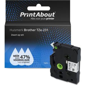 PrintAbout huismerk Tape TZe-231 Zwart op wit (12 mm) geschikt voor Brother