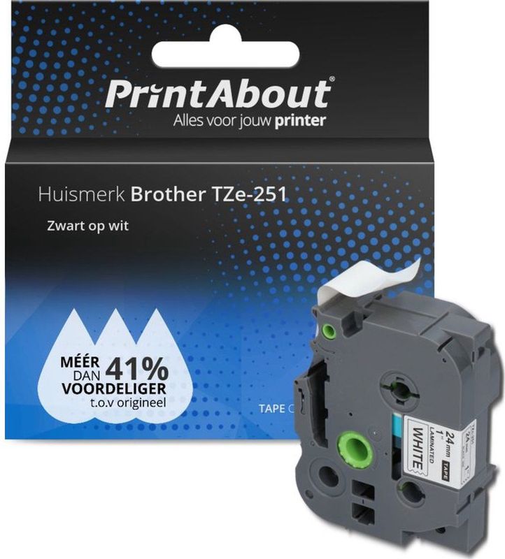 PrintAbout - Brother TZe-251 - Tape - Zwart op Wit - 24 mm