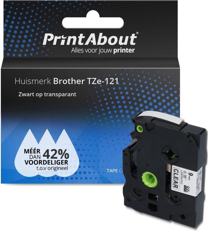 PrintAbout huismerk Tape TZe-121 Zwart op transparant (9 mm) Geschikt voor Brother