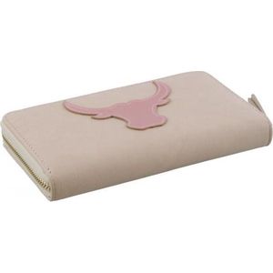 Licht roze portemonnee met een roze stierenkop op de voorkant.