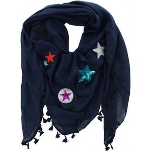 Dielay - Hippe sjaal Blauw flosjes - patches sterren sieraden - 140x140 cm