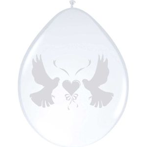 8x stuks ballonnen wit met duifjes 27 cm - Bruiloft feestartikelen/versiering