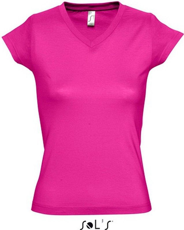 Dames t-shirt V-hals fuchsia 100 katoen slimfit - Dameskleding shirts