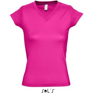 Dames t-shirt V-hals fuchsia 100 katoen slimfit - Dameskleding shirts
