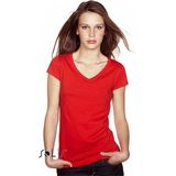 Dames t-shirt V-hals rood 100 katoen slimfit - Dameskleding shirts