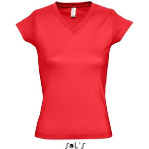 Dames t-shirt V-hals rood 100 katoen slimfit - Dameskleding shirts