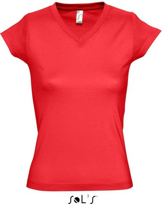 Dames t-shirt V-hals rood 100 katoen slimfit - Dameskleding shirts